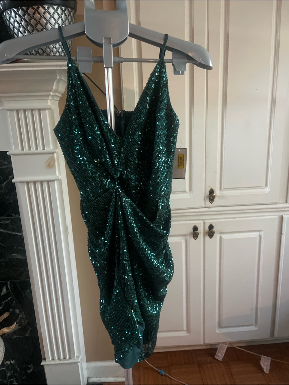 Sequin Twist-Front Mini Dress — Emerald Green